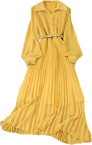 Women Spring Pleated Long Dress Vintage Turn-Down Collar Single Breasted Puff Sleeve High Waist Draped Maxi Dress
