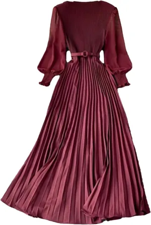Women Spring Summer Pleated Elegant Puff Sleeve Dress A-Line Chiffon High Waist Belt Beach Vacation Party Dress