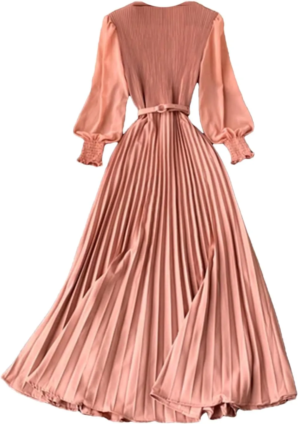 Women Spring Summer Pleated Elegant Puff Sleeve Dress A-Line Chiffon High Waist Belt Beach Vacation Party Dress