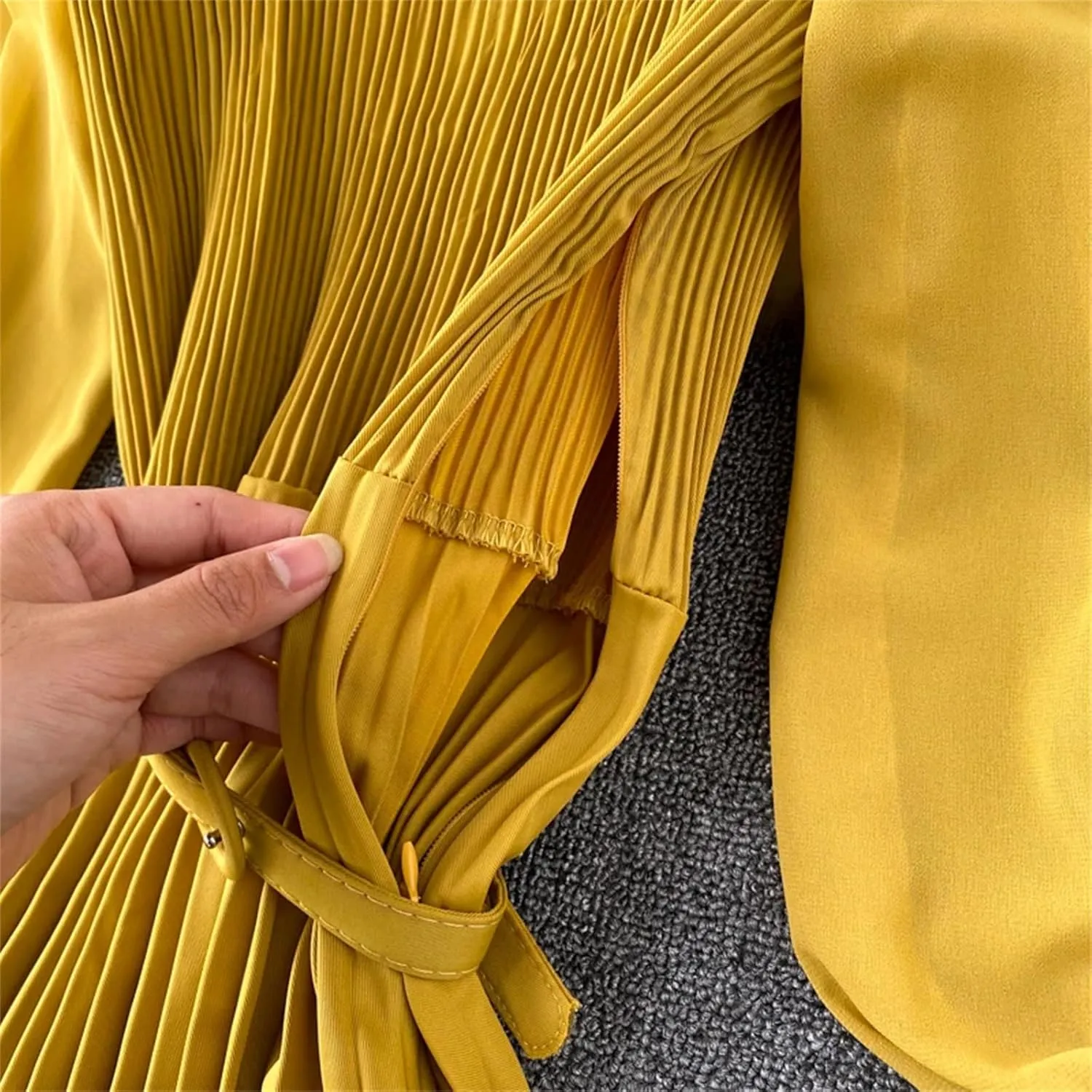 Women Spring Summer Pleated Elegant Puff Sleeve Dress A-Line Chiffon High Waist Belt Beach Vacation Party Dress