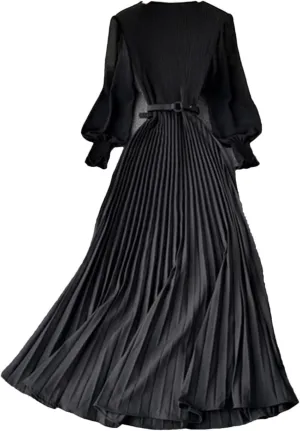 Women Spring Summer Pleated Elegant Puff Sleeve Dress A-Line Chiffon High Waist Belt Beach Vacation Party Dress