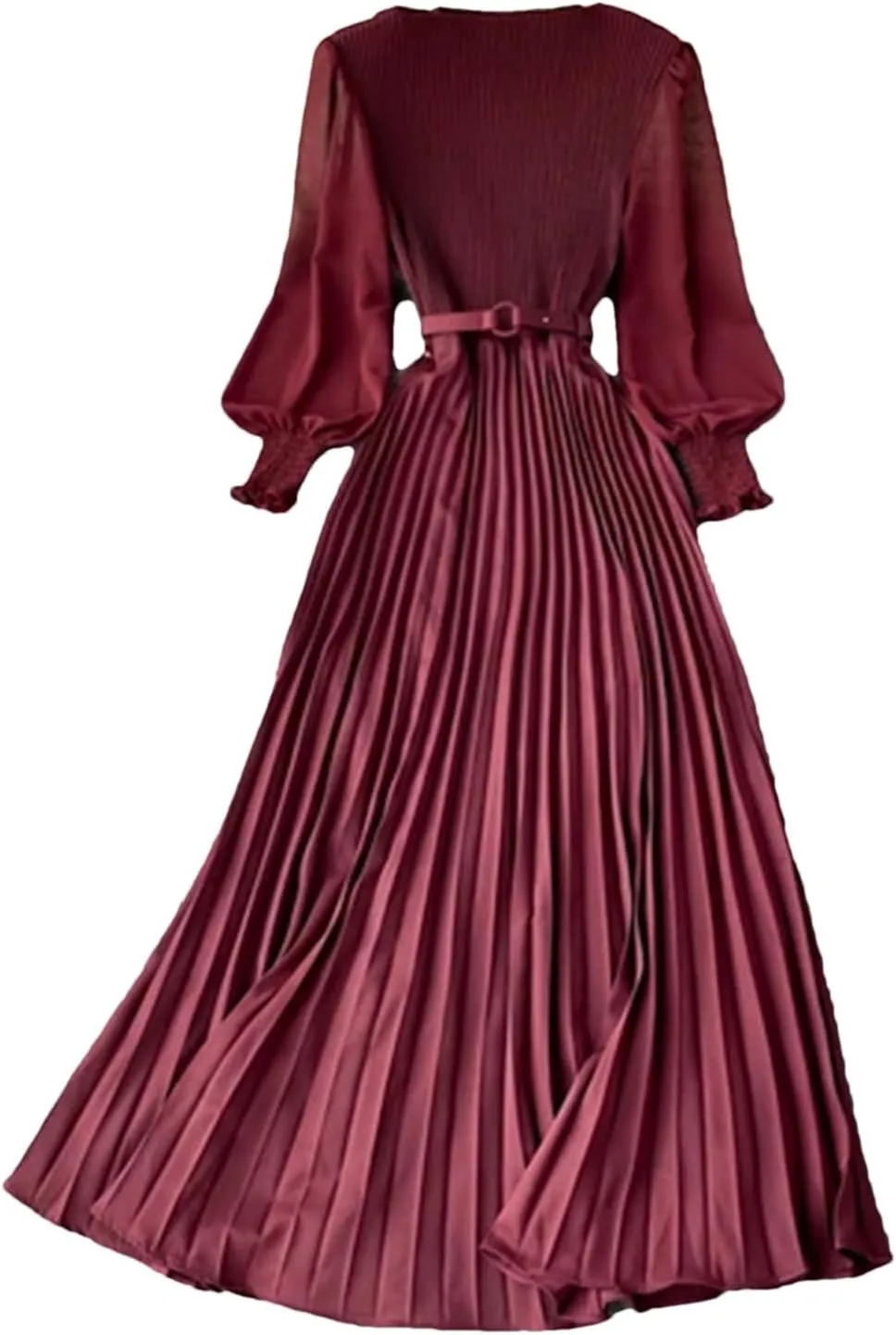 Women Spring Summer Pleated Elegant Puff Sleeve Dress A-Line Chiffon High Waist Belt Beach Vacation Party Dress