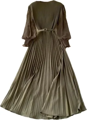 Women Spring Summer Pleated Elegant Puff Sleeve Dress A-Line Chiffon High Waist Belt Beach Vacation Party Dress