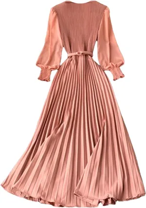 Women Spring Summer Pleated Elegant Puff Sleeve Dress A-Line Chiffon High Waist Belt Beach Vacation Party Dress