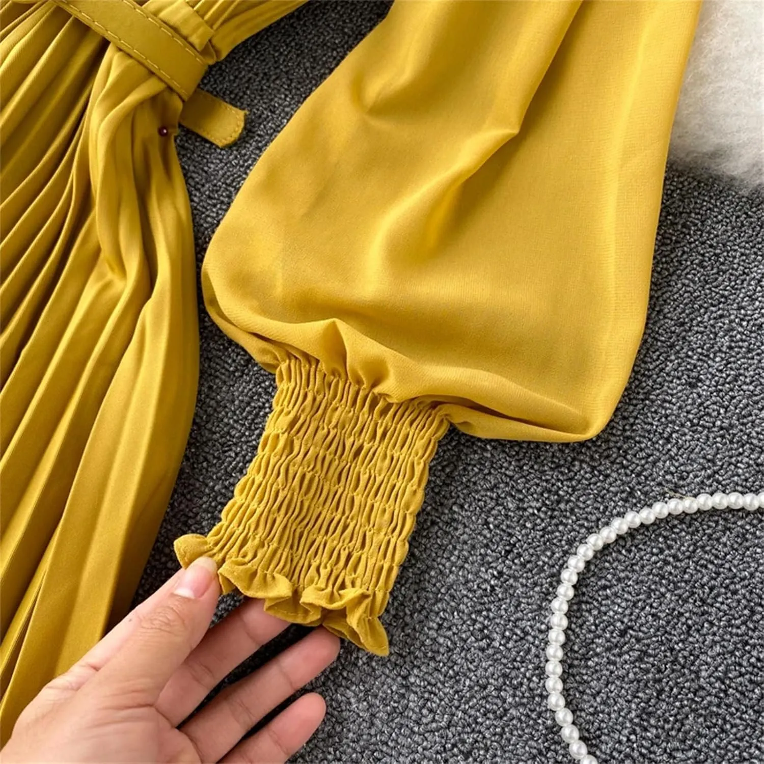Women Spring Summer Pleated Elegant Puff Sleeve Dress A-Line Chiffon High Waist Belt Beach Vacation Party Dress
