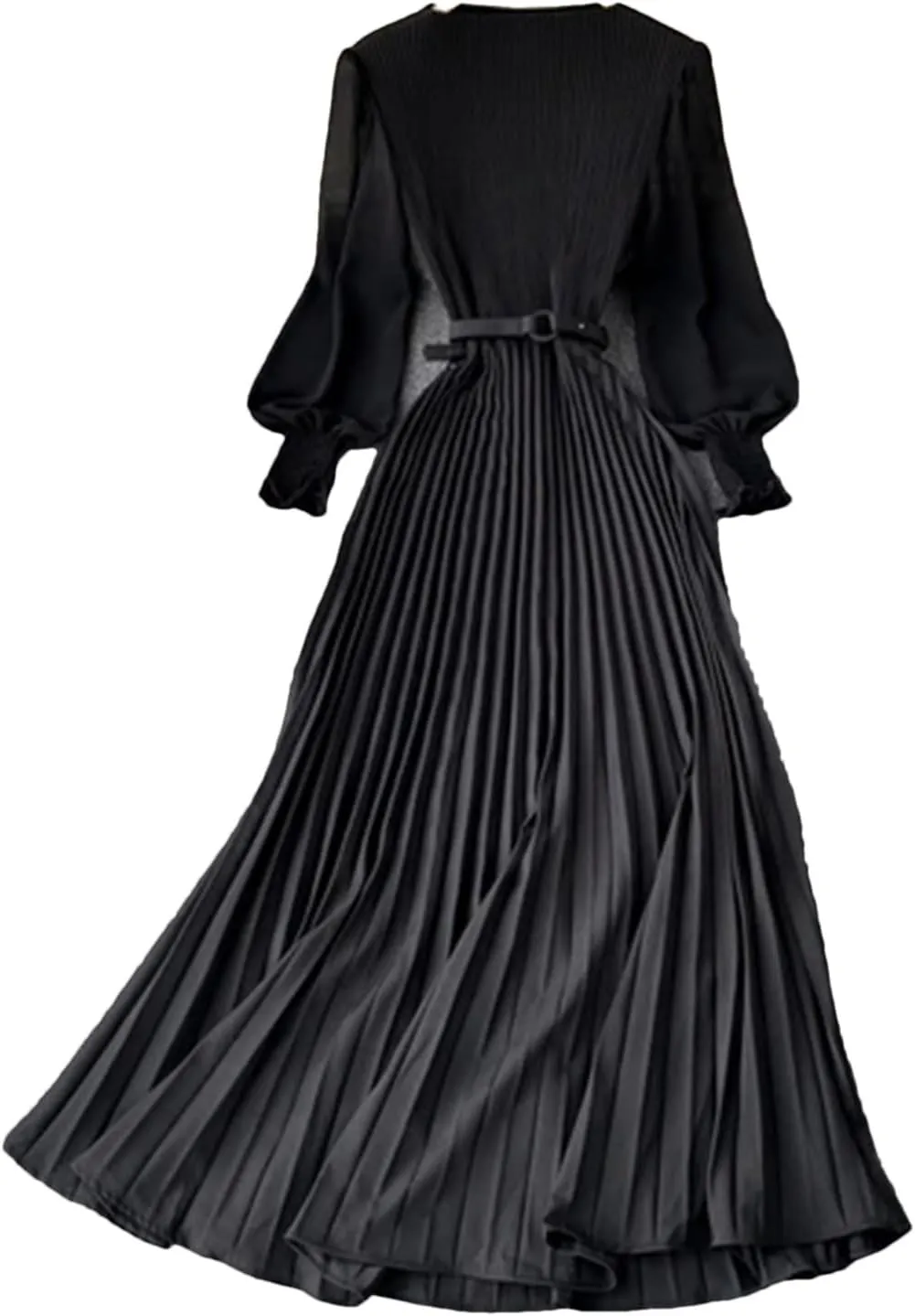 Women Spring Summer Pleated Elegant Puff Sleeve Dress A-Line Chiffon High Waist Belt Beach Vacation Party Dress