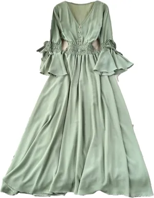 Women Vintage V-Neck Flare Sleeve Draped Ruffle Vestido Female Maxi Robe Pleated Maxi Long Dress