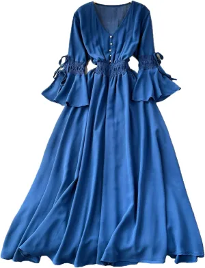 Women Vintage V-Neck Flare Sleeve Draped Ruffle Vestido Female Maxi Robe Pleated Maxi Long Dress