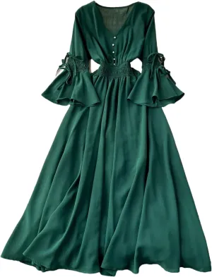 Women Vintage V-Neck Flare Sleeve Draped Ruffle Vestido Female Maxi Robe Pleated Maxi Long Dress