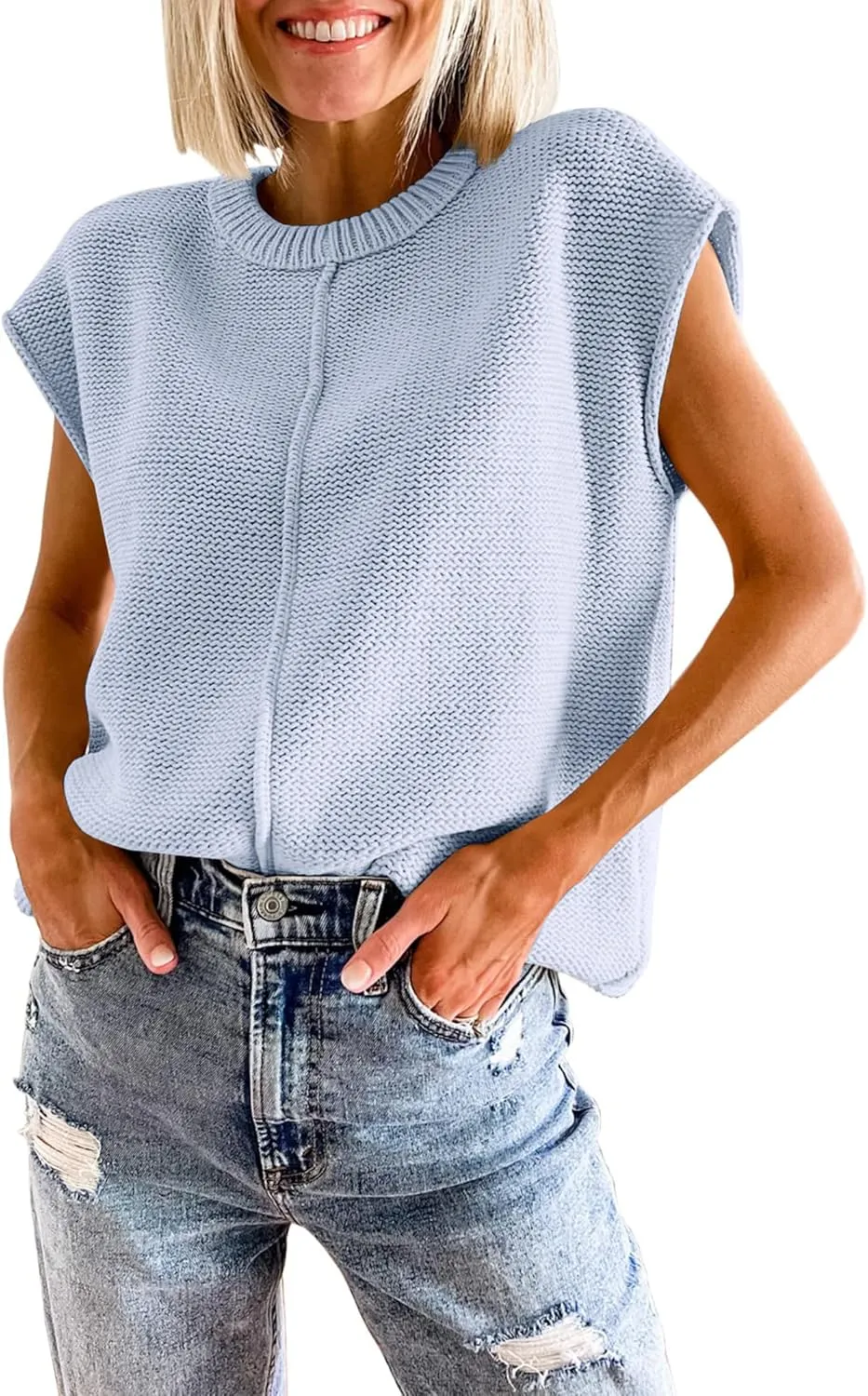 Womens Cap Sleeve Sweater Vest Crew Neck Knit Sleeveless Tank Tops Casual Lightweight Pullover Sweaters