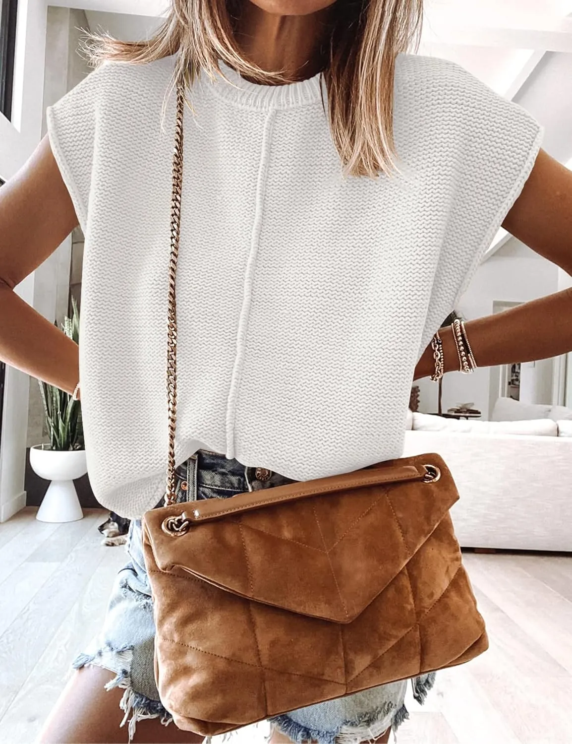 Womens Cap Sleeve Sweater Vest Crew Neck Knit Sleeveless Tank Tops Casual Lightweight Pullover Sweaters
