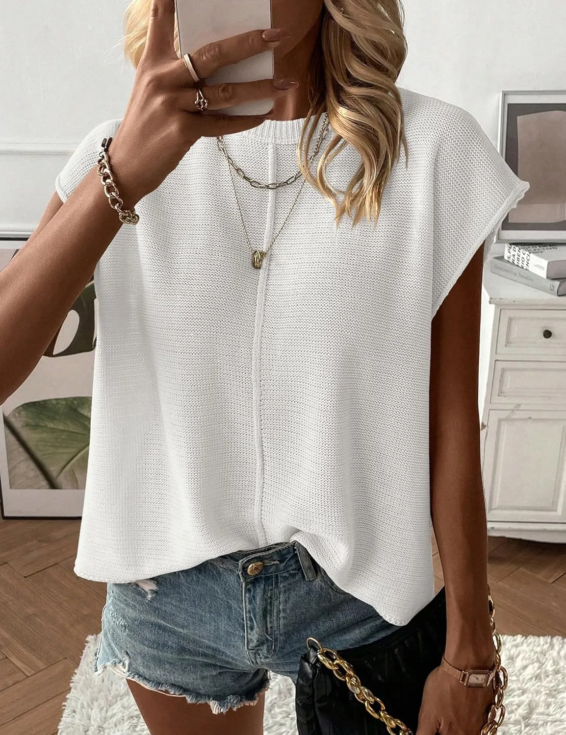 Womens Cap Sleeve Sweater Vest Crew Neck Knit Sleeveless Tank Tops Casual Lightweight Pullover Sweaters