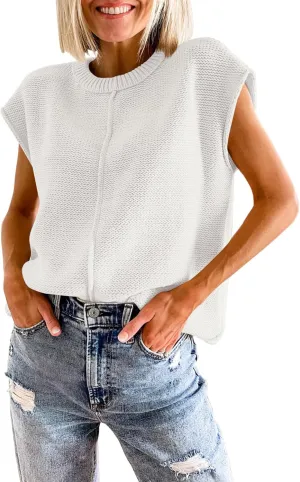 Womens Cap Sleeve Sweater Vest Crew Neck Knit Sleeveless Tank Tops Casual Lightweight Pullover Sweaters