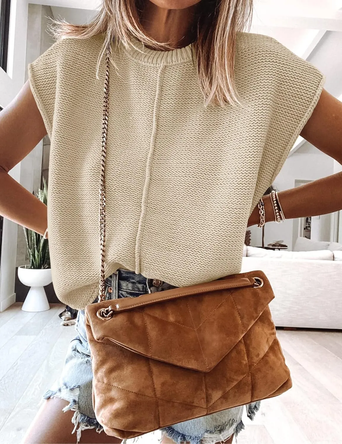 Womens Cap Sleeve Sweater Vest Crew Neck Knit Sleeveless Tank Tops Casual Lightweight Pullover Sweaters