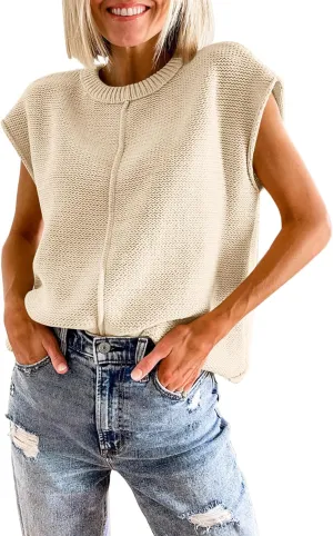 Womens Cap Sleeve Sweater Vest Crew Neck Knit Sleeveless Tank Tops Casual Lightweight Pullover Sweaters