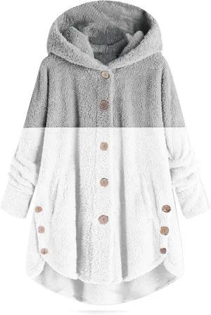 Womens Fuzzy Fleece Jacket Button Hem Plus Size Hoodie Top Sweater Blouse Outerwear with Pockets Snow Jackets for