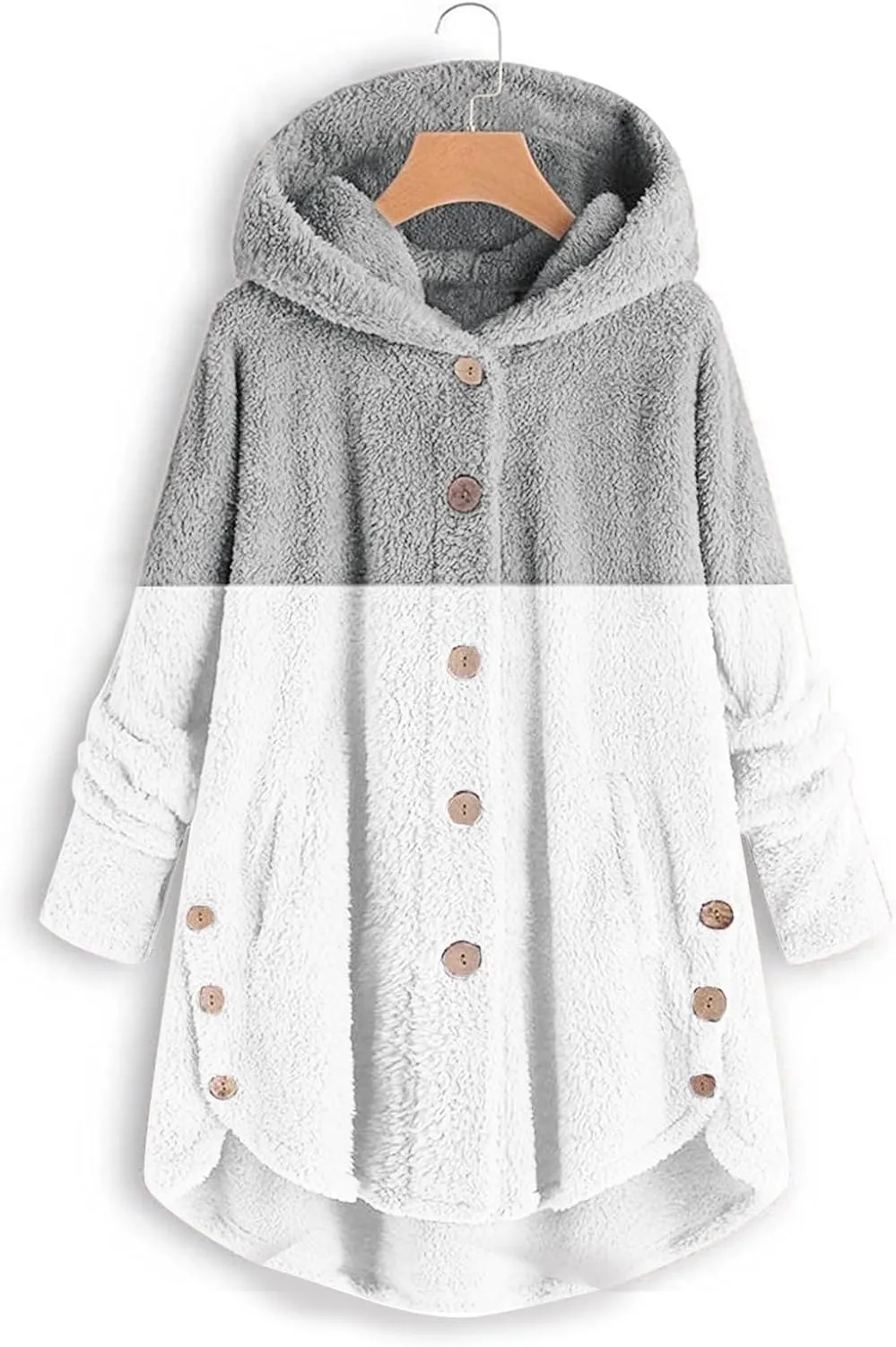 Womens Fuzzy Fleece Jacket Button Hem Plus Size Hoodie Top Sweater Blouse Outerwear with Pockets Snow Jackets for