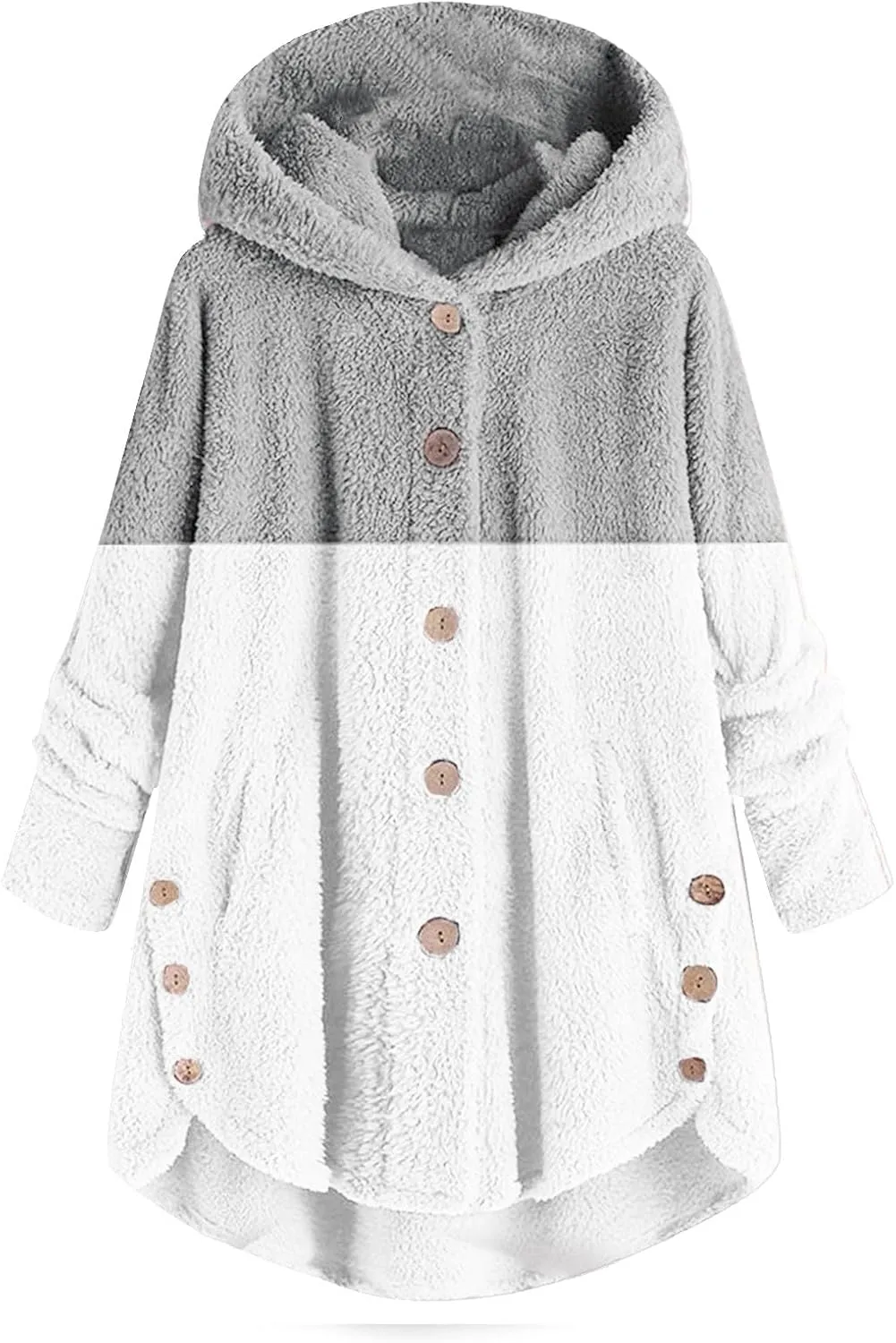 Womens Fuzzy Fleece Jacket Button Hem Plus Size Hoodie Top Sweater Blouse Outerwear with Pockets Snow Jackets for