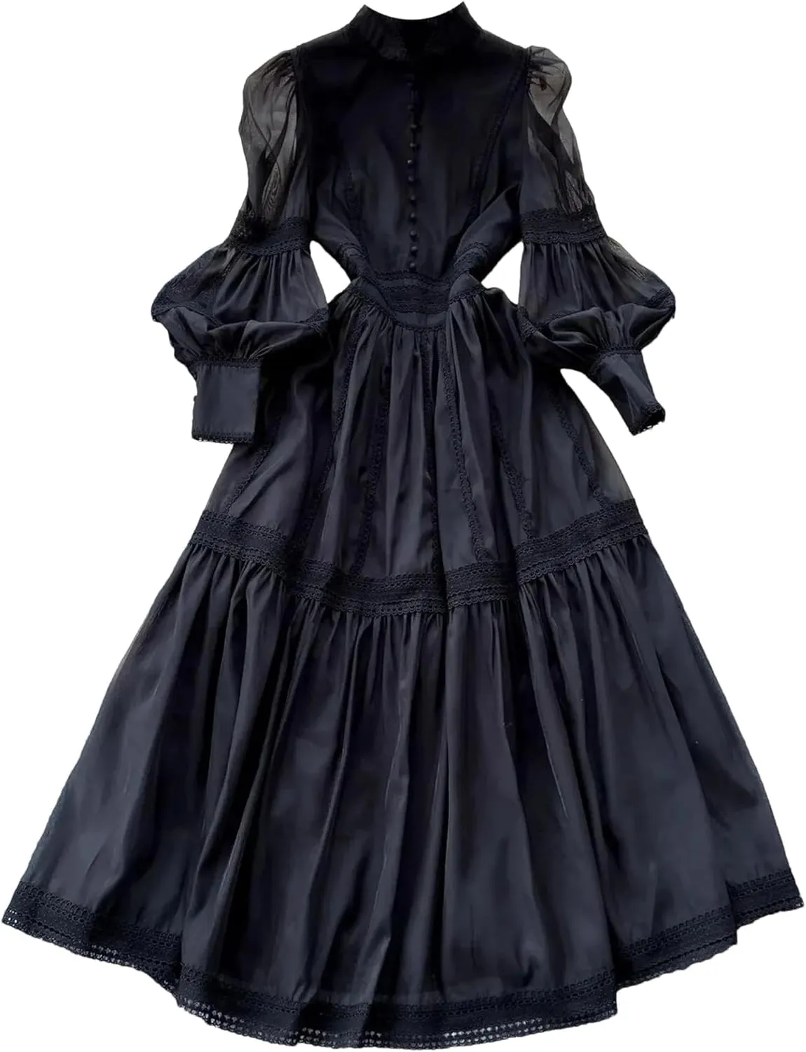 Women's Muslim Hollow Out Long Sleeve Party Dress Lace Trim Embroidery Organza Evening Dress