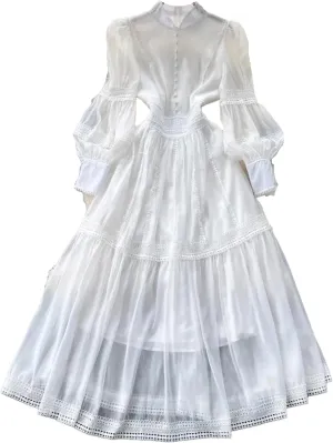 Women's Muslim Hollow Out Long Sleeve Party Dress Lace Trim Embroidery Organza Evening Dress