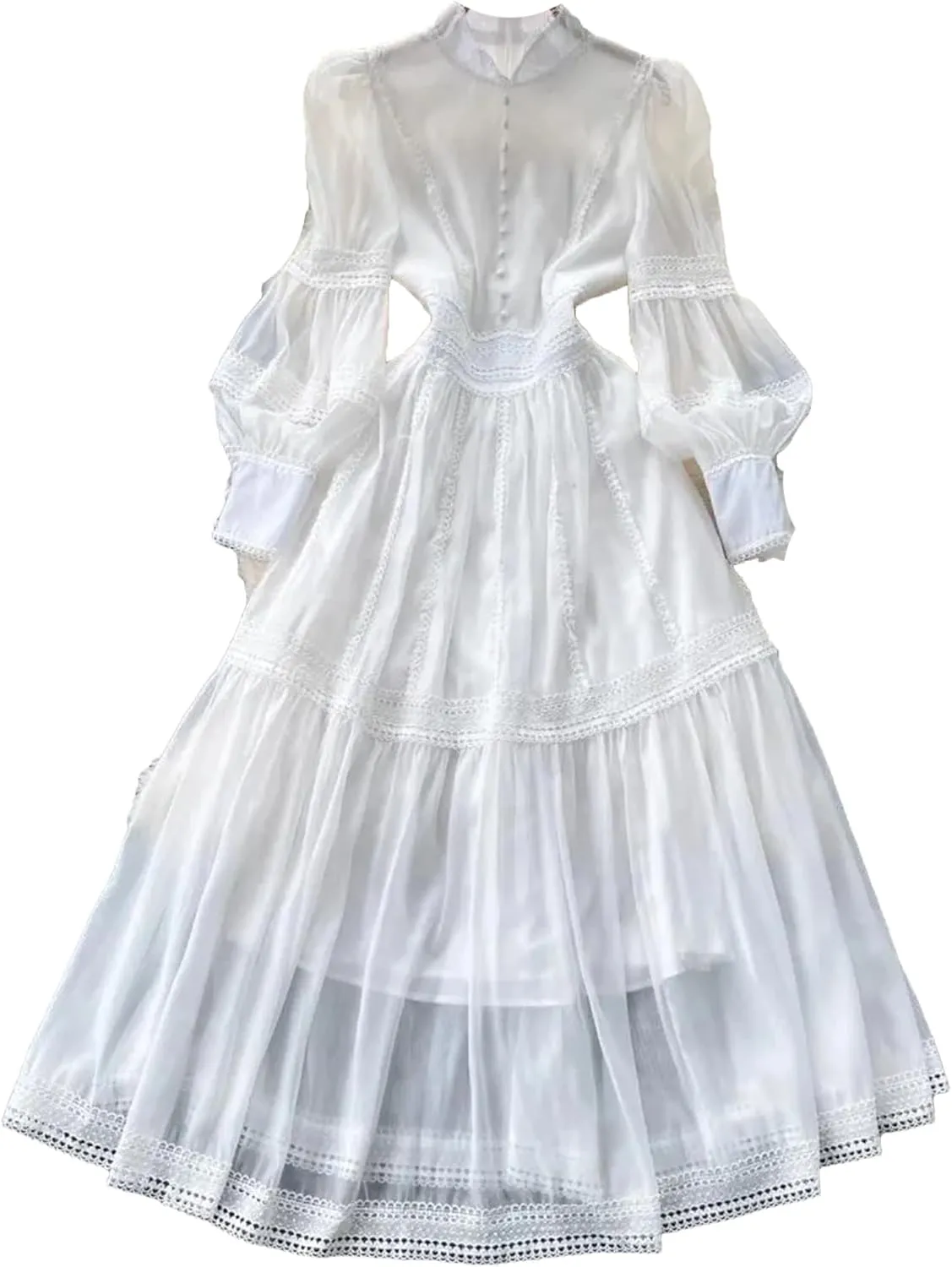 Women's Muslim Hollow Out Long Sleeve Party Dress Lace Trim Embroidery Organza Evening Dress