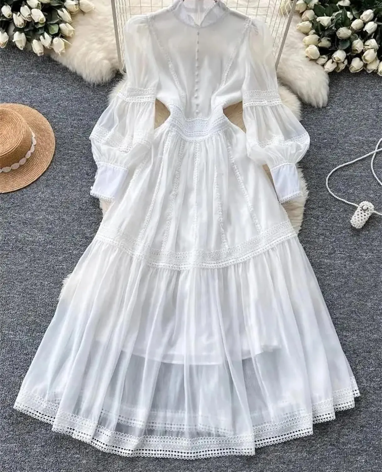 Women's Muslim Hollow Out Long Sleeve Party Dress Lace Trim Embroidery Organza Evening Dress