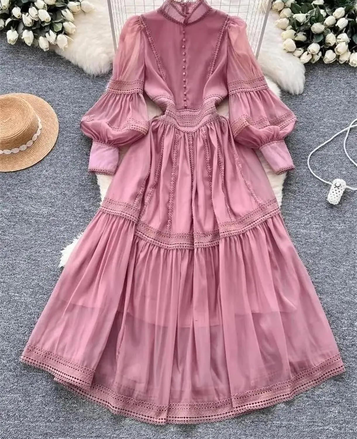 Women's Muslim Hollow Out Long Sleeve Party Dress Lace Trim Embroidery Organza Evening Dress