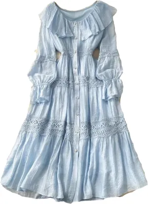 Women's O-Neck Ruffle Single Breasted Flared Sleeve Lace Solid High Waisted Dress Women's Spring Summer Dress