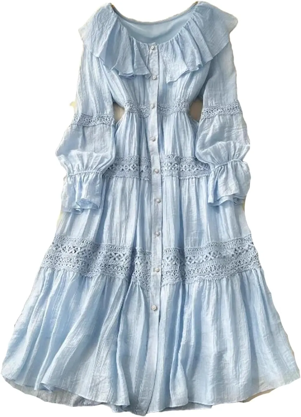 Women's O-Neck Ruffle Single Breasted Flared Sleeve Lace Solid High Waisted Dress Women's Spring Summer Dress