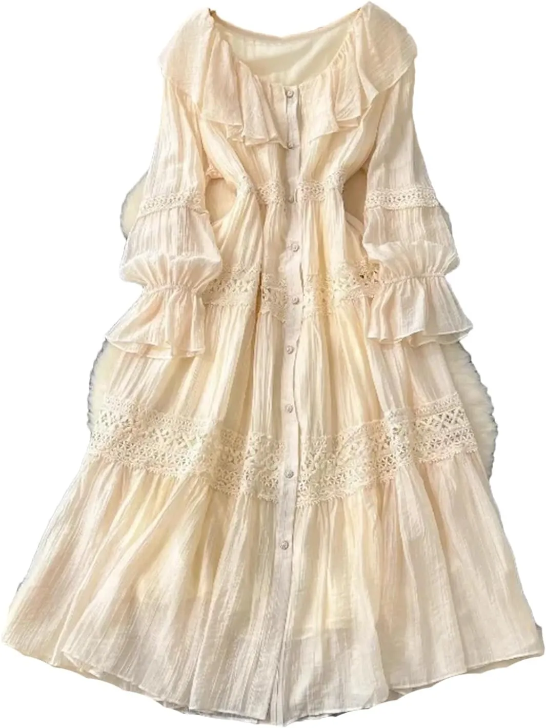 Women's O-Neck Ruffle Single Breasted Flared Sleeve Lace Solid High Waisted Dress Women's Spring Summer Dress