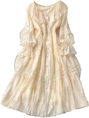 Women's O-Neck Ruffle Single Breasted Flared Sleeve Lace Solid High Waisted Dress Women's Spring Summer Dress