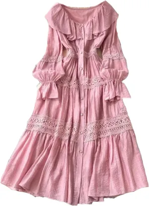 Women's O-Neck Ruffle Single Breasted Flared Sleeve Lace Solid High Waisted Dress Women's Spring Summer Dress
