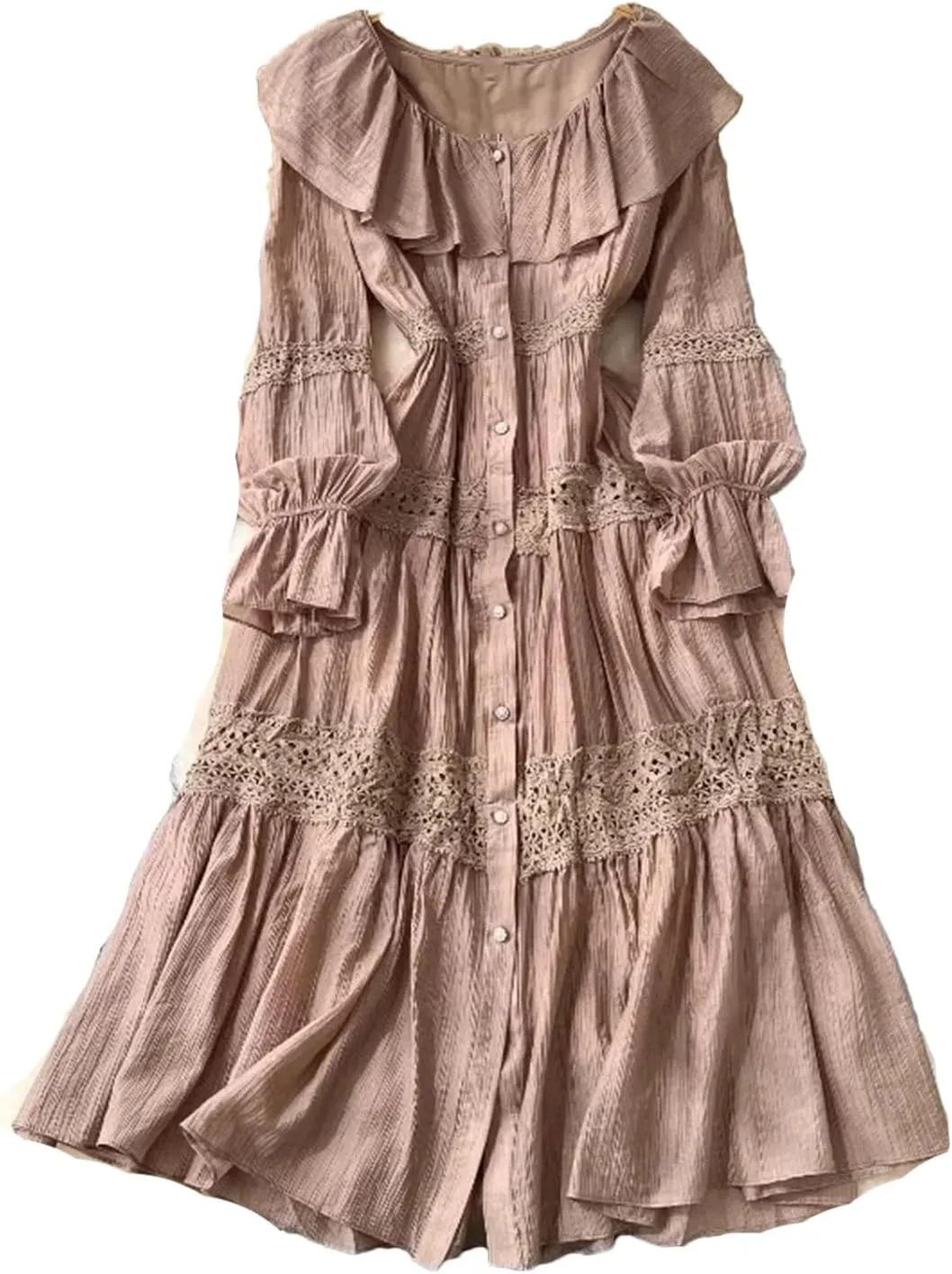 Women's O-Neck Ruffle Single Breasted Flared Sleeve Lace Solid High Waisted Dress Women's Spring Summer Dress