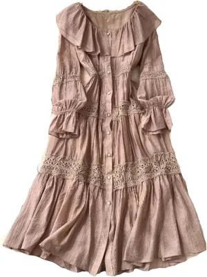 Women's O-Neck Ruffle Single Breasted Flared Sleeve Lace Solid High Waisted Dress Women's Spring Summer Dress