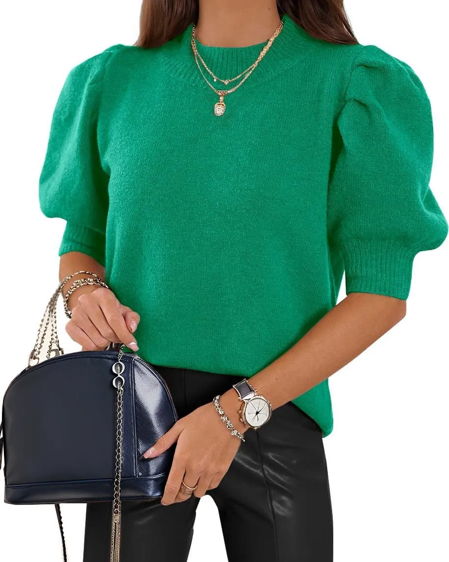 Womens Puff Short Sleeve Sweaters Tops Crew Neck Trendy Casual Knit Comfy Loose Fall Sweater Jumper Outfits