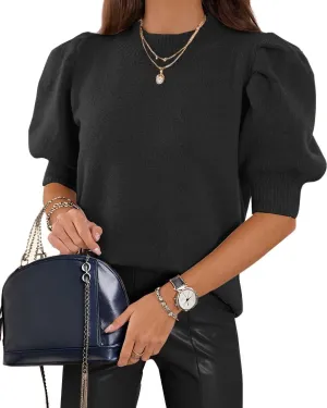 Womens Puff Short Sleeve Sweaters Tops Crew Neck Trendy Casual Knit Comfy Loose Fall Sweater Jumper Outfits