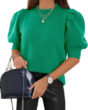 Womens Puff Short Sleeve Sweaters Tops Crew Neck Trendy Casual Knit Comfy Loose Fall Sweater Jumper Outfits