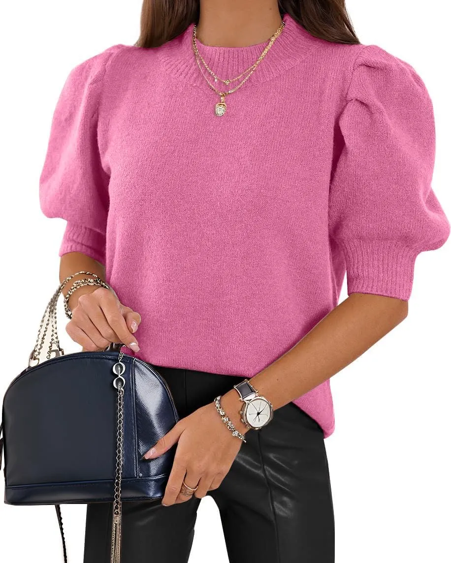 Womens Puff Short Sleeve Sweaters Tops Crew Neck Trendy Casual Knit Comfy Loose Fall Sweater Jumper Outfits