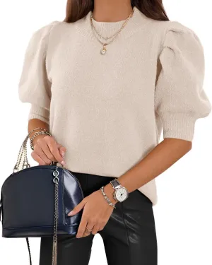 Womens Puff Short Sleeve Sweaters Tops Crew Neck Trendy Casual Knit Comfy Loose Fall Sweater Jumper Outfits