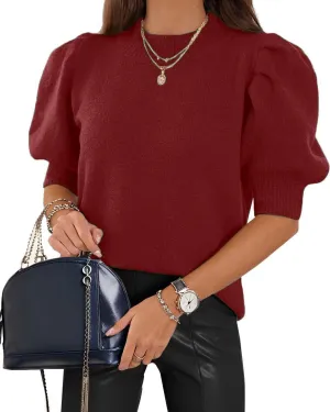 Womens Puff Short Sleeve Sweaters Tops Crew Neck Trendy Casual Knit Comfy Loose Fall Sweater Jumper Outfits