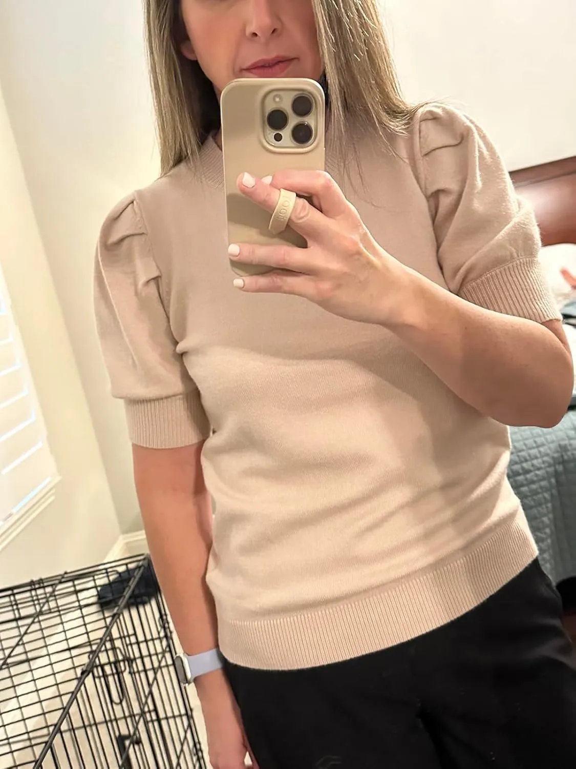 Womens Puff Short Sleeve Sweaters Tops Crew Neck Trendy Casual Knit Comfy Loose Fall Sweater Jumper Outfits
