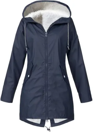 Women's Raincoats Fleece Lined Warm Winter Coats Long Sleeve Waterproof Rain Jackets Hooded Long Trench Coats