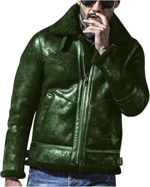 XUNRYAN Mens Sherpa Lined Suede Faux-Leather Bomber Jacket Vintage Lapel Faux-Fur Collar Fleece Jackets Fall Winter Warm Coat