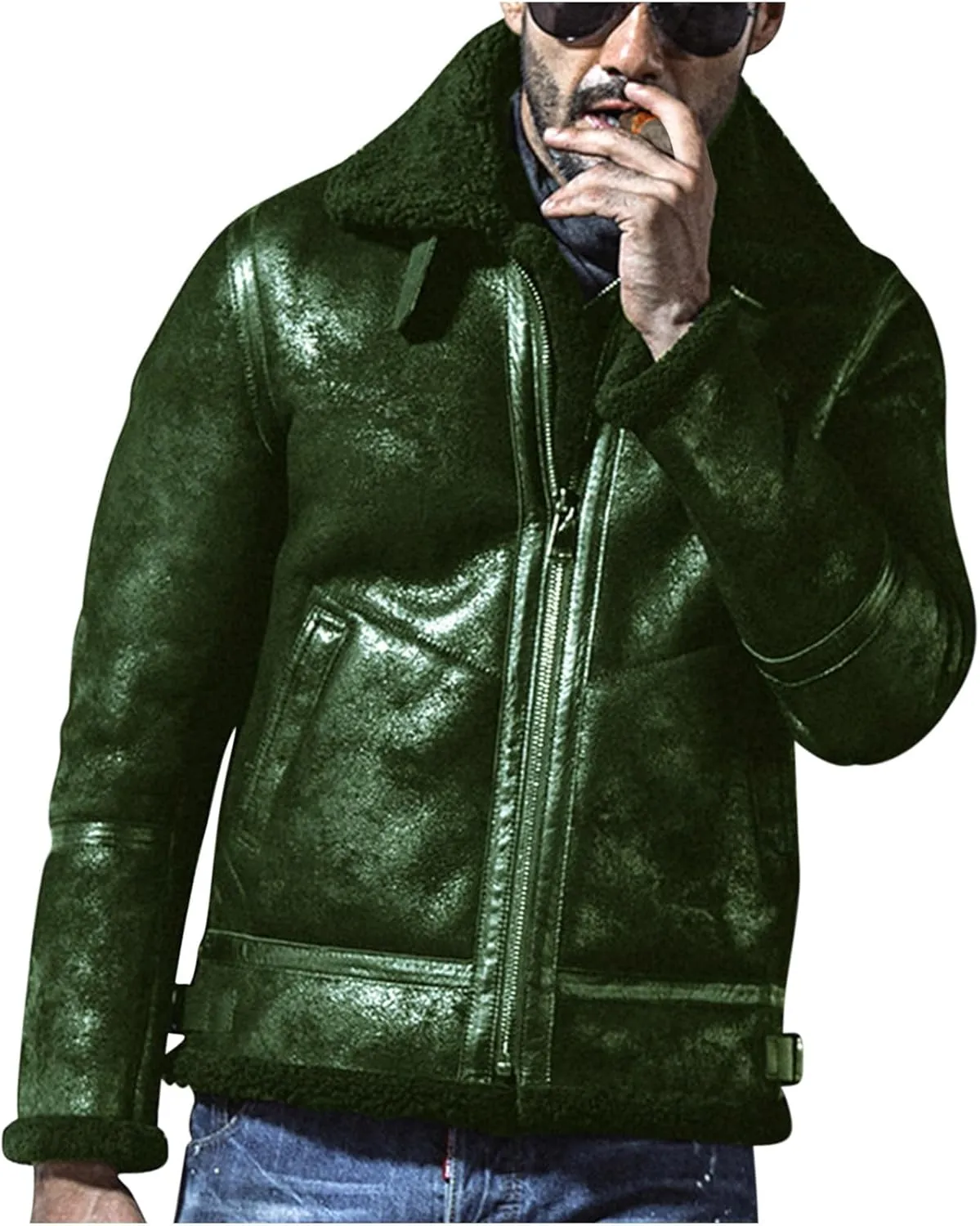 XUNRYAN Mens Sherpa Lined Suede Faux-Leather Bomber Jacket Vintage Lapel Faux-Fur Collar Fleece Jackets Fall Winter Warm Coat