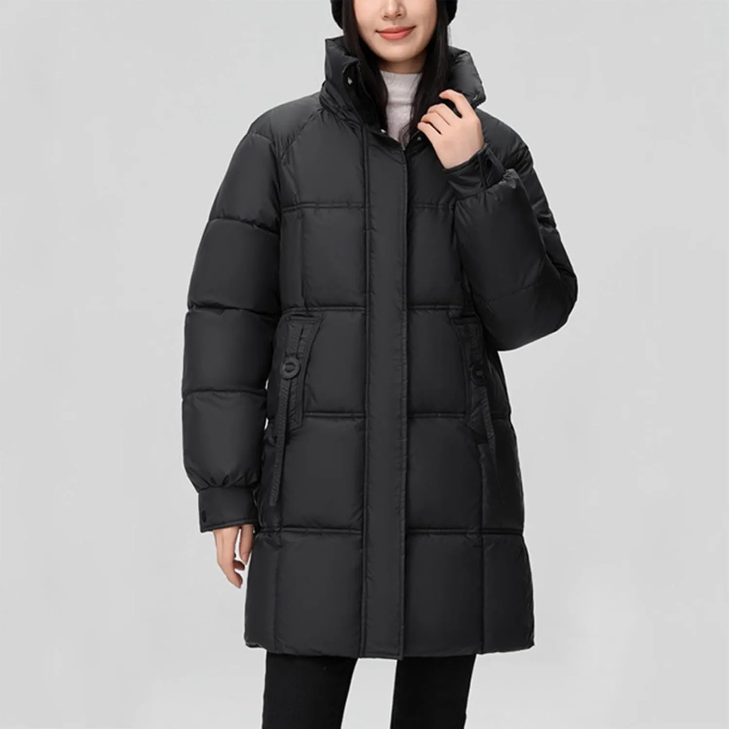 XUNRYAN Puffer Jacket Womens Mid Long Winter Warm Down Coat Quilted Lightweight Hooded Thicken Parka Anorak Cotton Overcoat