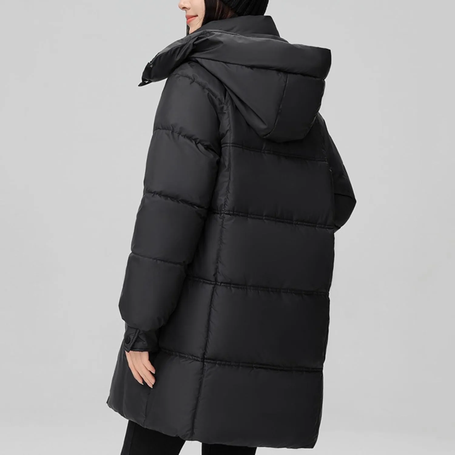 XUNRYAN Puffer Jacket Womens Mid Long Winter Warm Down Coat Quilted Lightweight Hooded Thicken Parka Anorak Cotton Overcoat