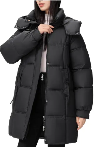 XUNRYAN Puffer Jacket Womens Mid Long Winter Warm Down Coat Quilted Lightweight Hooded Thicken Parka Anorak Cotton Overcoat