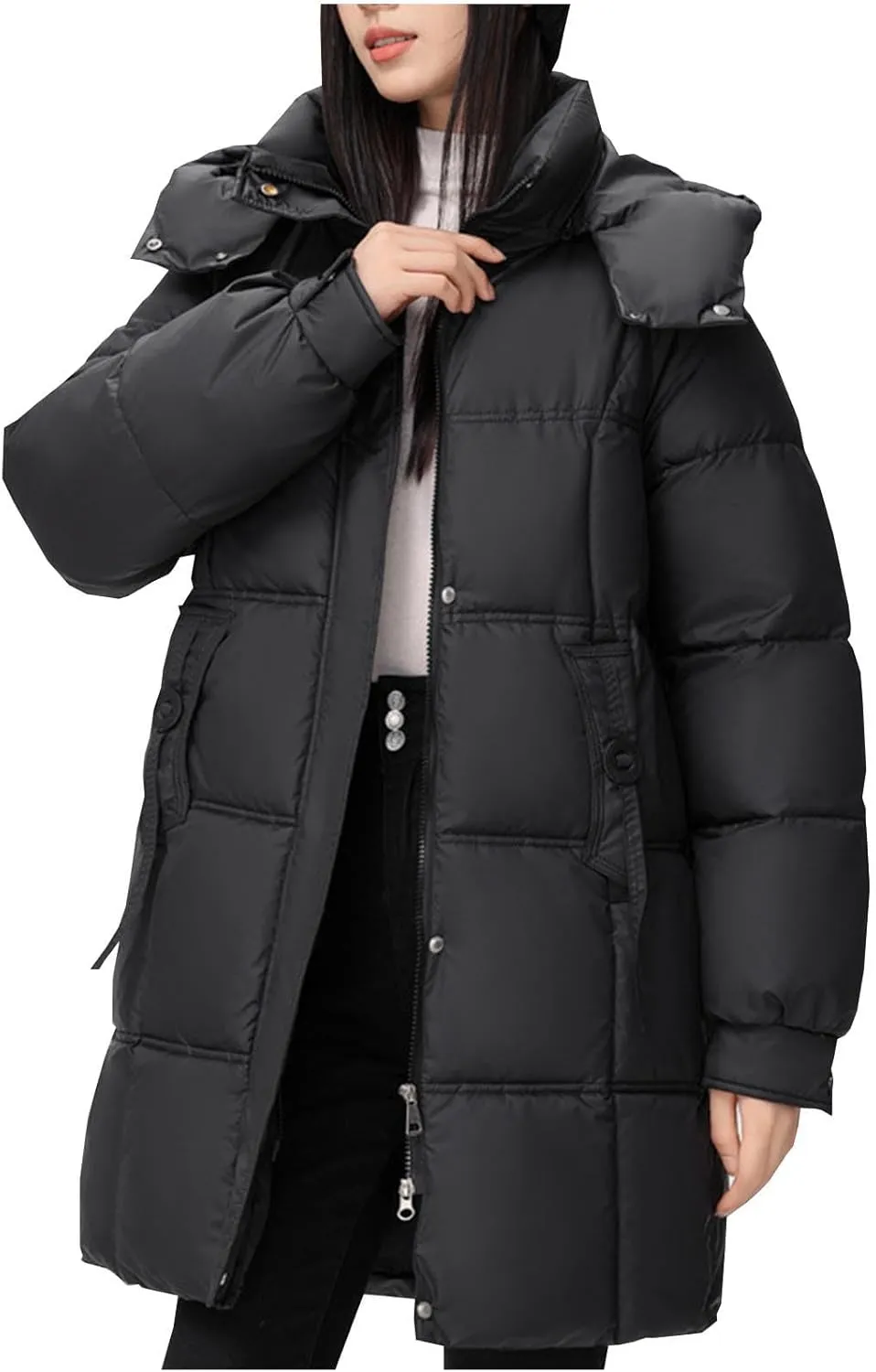 XUNRYAN Puffer Jacket Womens Mid Long Winter Warm Down Coat Quilted Lightweight Hooded Thicken Parka Anorak Cotton Overcoat