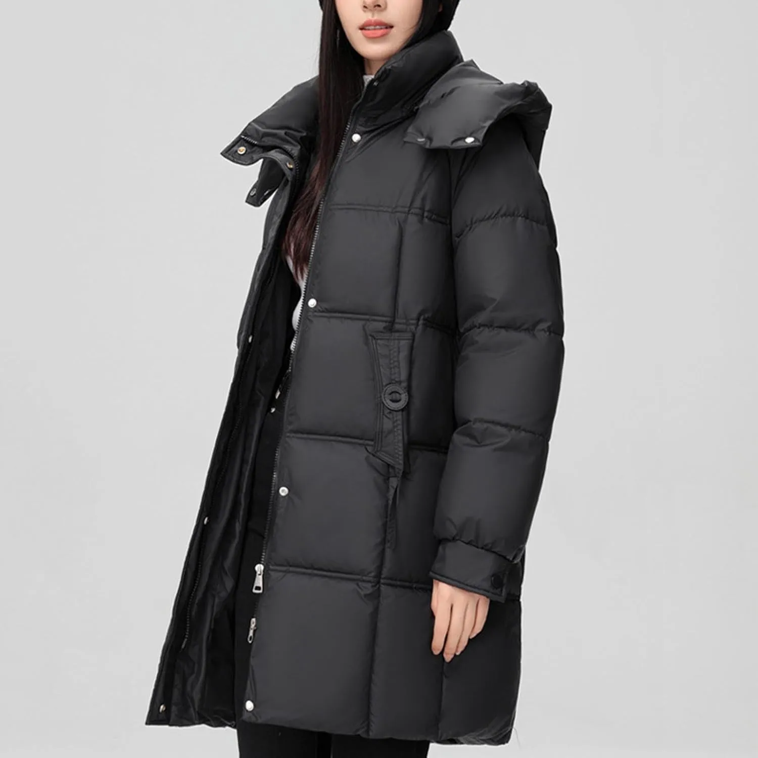 XUNRYAN Puffer Jacket Womens Mid Long Winter Warm Down Coat Quilted Lightweight Hooded Thicken Parka Anorak Cotton Overcoat