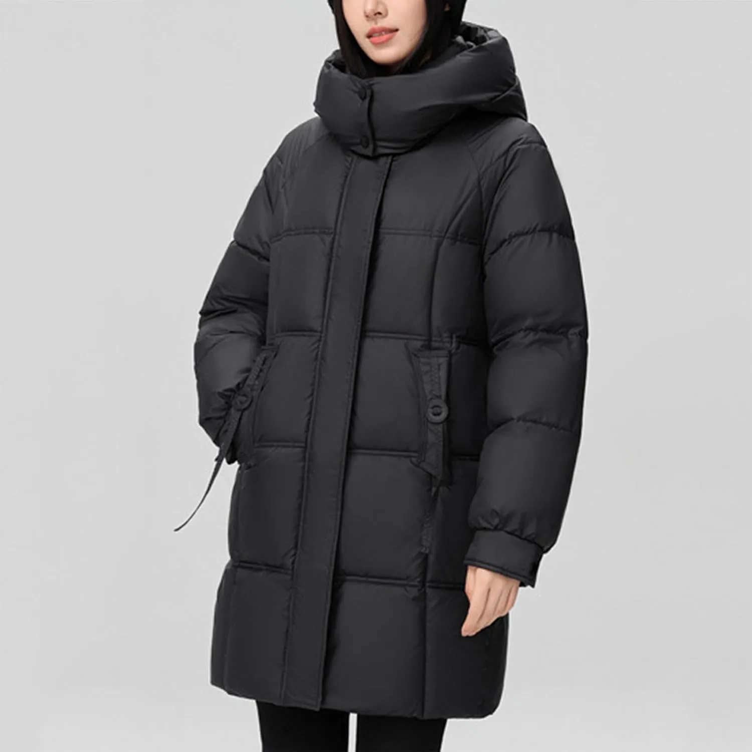 XUNRYAN Puffer Jacket Womens Mid Long Winter Warm Down Coat Quilted Lightweight Hooded Thicken Parka Anorak Cotton Overcoat